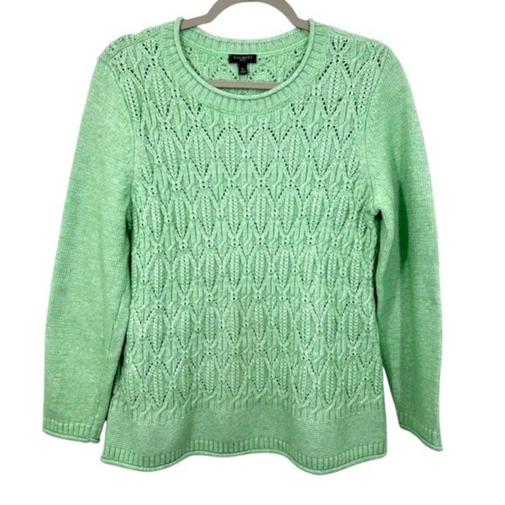 Talbots Large Petite Mint Pastel Green Pointelle Cable Knit Crewneck Sweater
